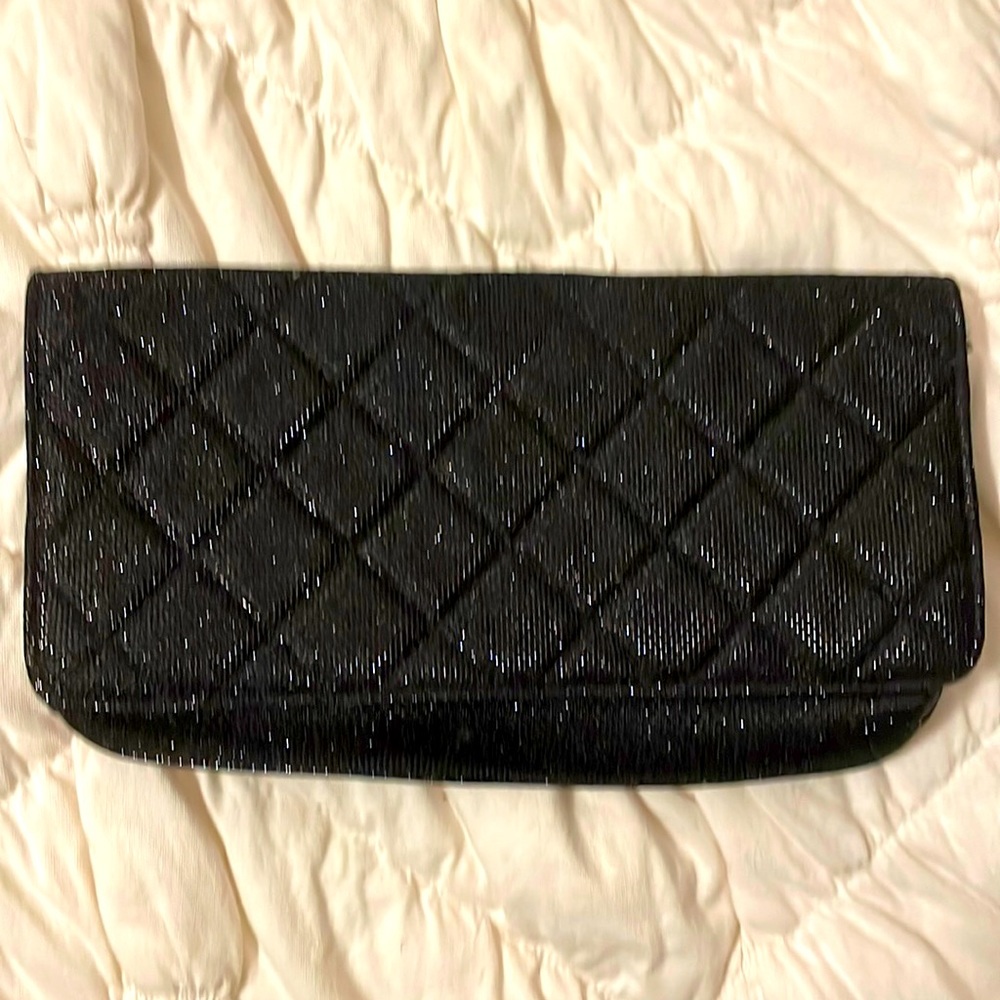 Black Sparkly Quilted Clutch with silver chain strap